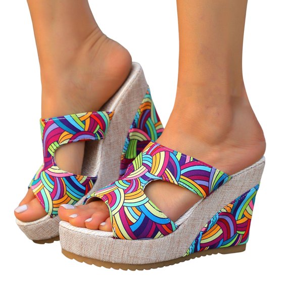 Womens Platform Wedge Sandals Color Block Cutout Leather Open Toe Wedges Heels Comfortable Slip on Mules Beach Vacation Slides Size 6
