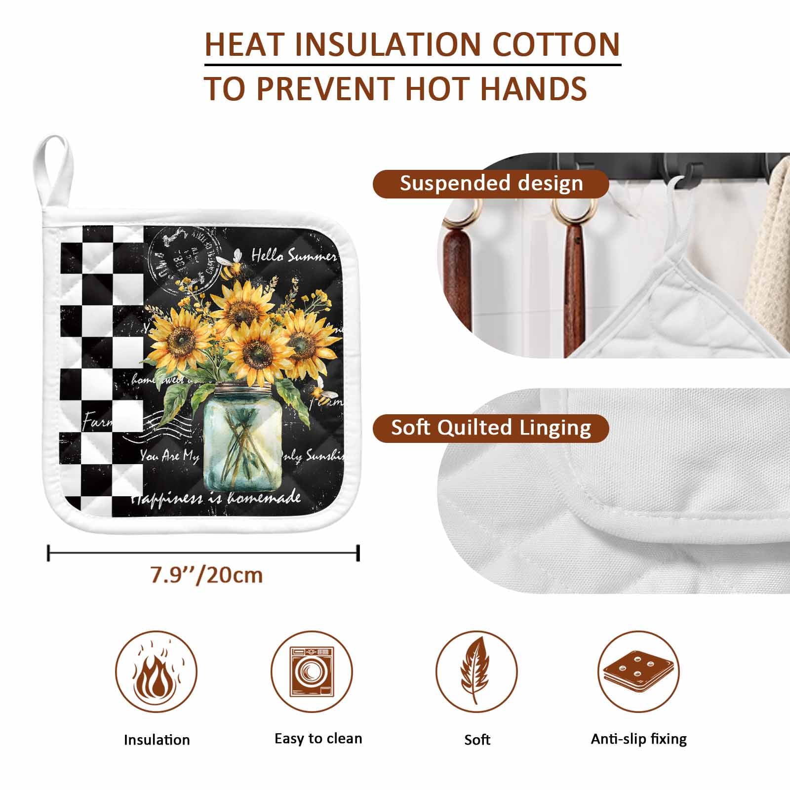 Sunflower Pot Holders for Kitchen Heatproof Potholder, 5 Pack Black White Check Farmhouse Bee Vase Floral Hot Pads Multipurpose Oven Pads Cloth Potholders Trivet for Cooking Baking