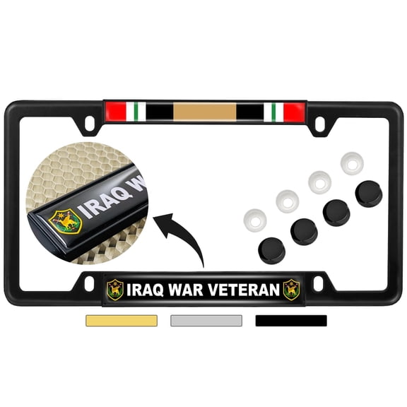 Iraq War Veteran - Domed Custom-Made Personalized Narrow (Thin) Top 4 Hole Metal Car License Plate Frame with Free caps - Black (Quantity: 1 Frame)