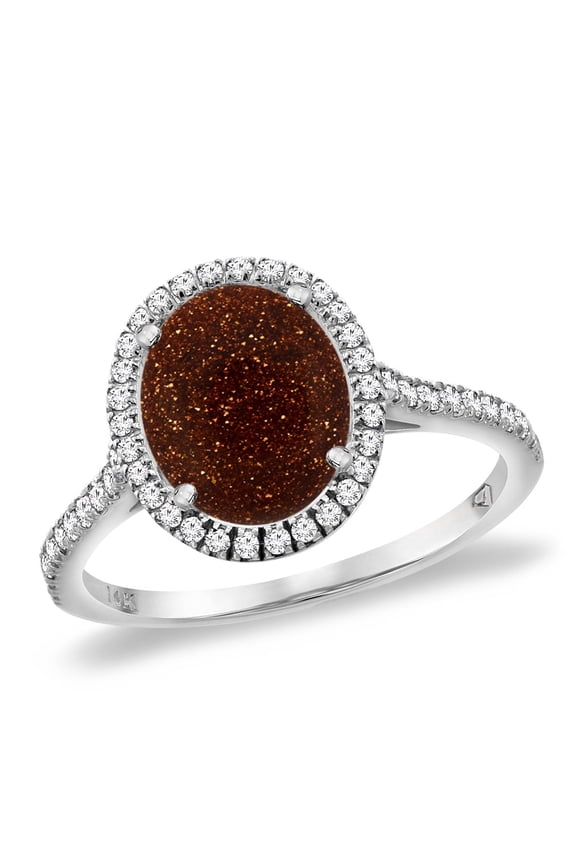 14K White Gold Goldstone Diamond Halo Engagement Ring 10x8 mm Oval, size 6
