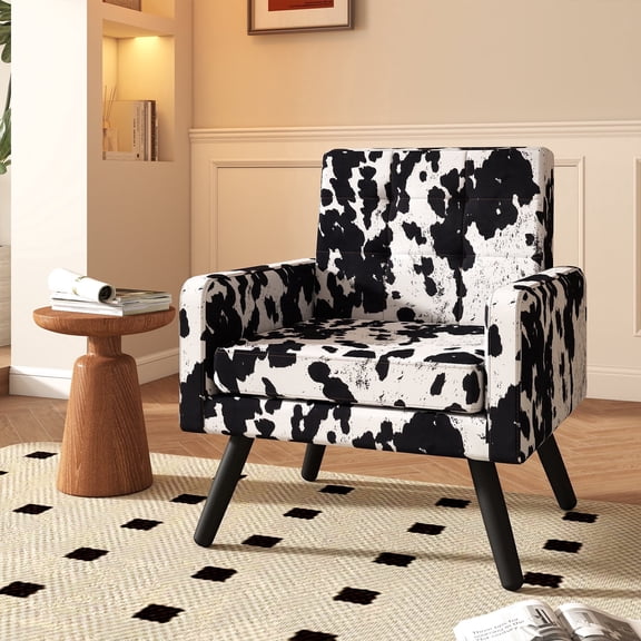 Melocadol Modern Accent Chair, Upholstered Cozy Single Sofa Chair, Mid Century Armchair with Solid Legs, Extra Large Seat with 496 Lb Weight Capacity, for Living Room, Bedroom, Reading, Cow Pattern