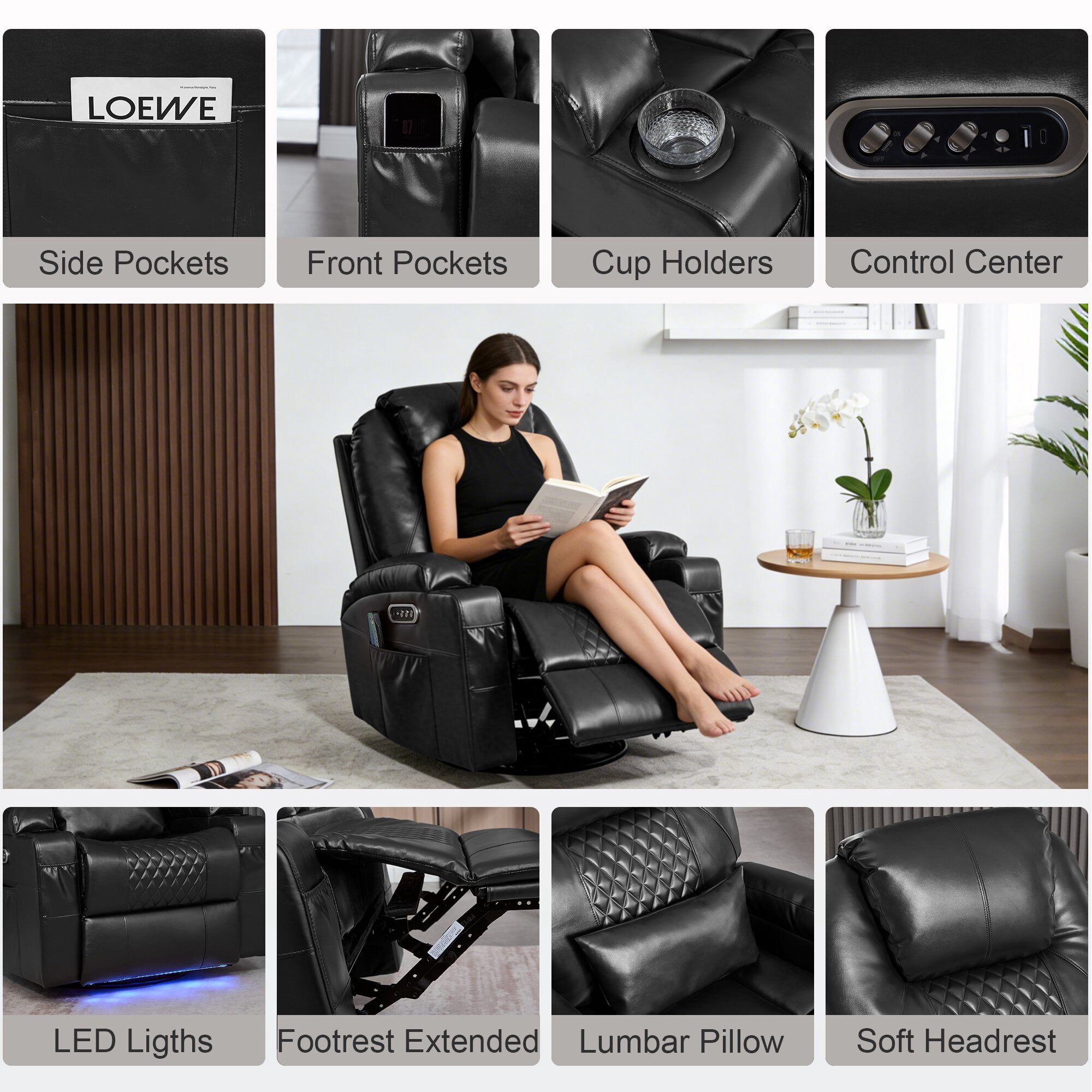 QJTC Power Rocker Recliner Chair with Heat and Massage, 240° Swivel Recliner Chair with Lumbar Pillow/Cup Holder/LED Lights/USB Ports, Black