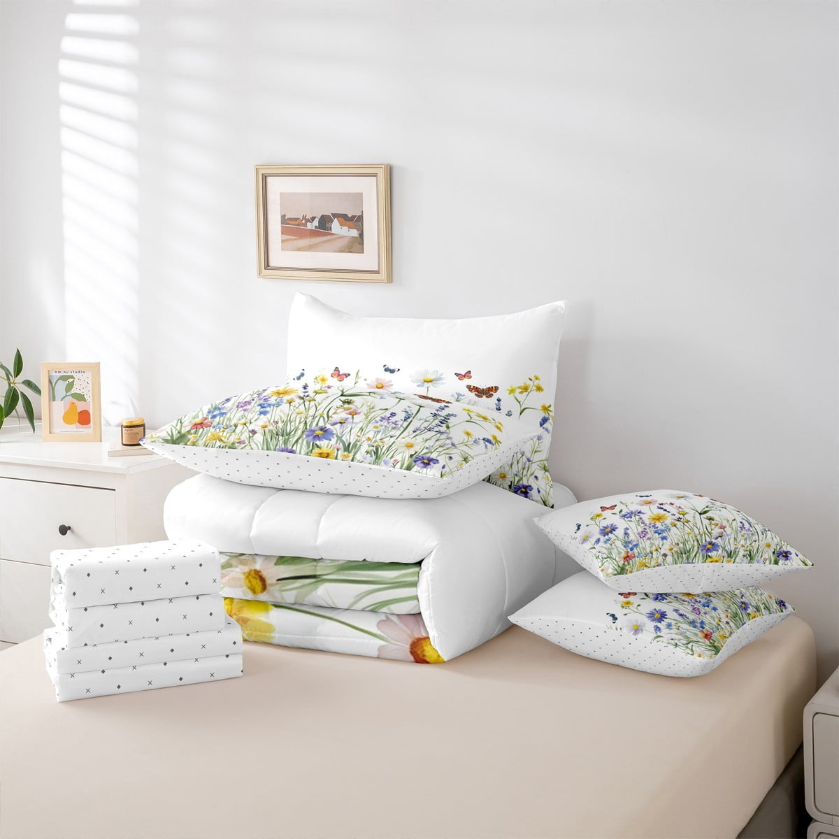Homewish Spring Flower 7-Piece Twin Bedding Sets,Colorful Cartoon Butterfly Bedding Comforter Set,Green White Purple Sheet Sets For Girl Kids,Breathable Home Decor Reversible