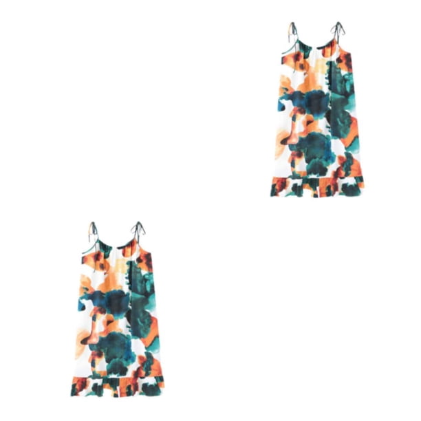 Qarigey Camisón de verano para mujer, vestido de noche de algodón estampado, minifalda con tirantes sueltos, ropa de dormir para fiesta en Verde Oscuro Blanco L 2piezas