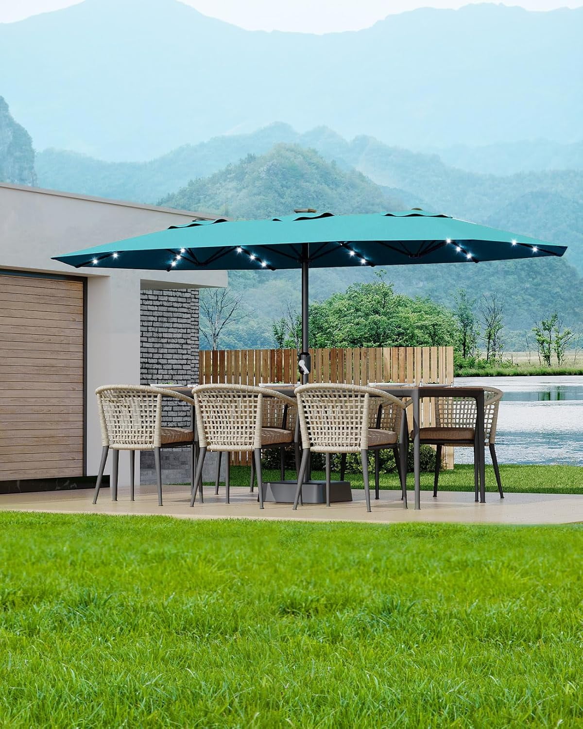 15ft Patio Umbrella with Solar Lights, Outdoor Large Umbrellas with Crank Handle and 36 LED Lights, Rectangular Market Umbrella with Base Included for Deck Pool Shade