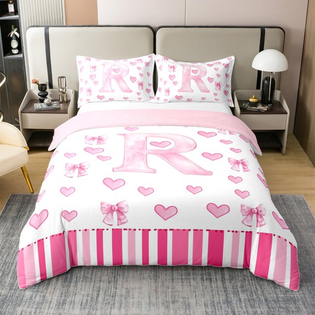 Erosebridal Housse de Couette en Coton 100 % Motif Princesse avec Nœud, Format Simple, Ensembles de Literie Lettre Initiale R Format Simple, Déco Cœur Rose, Réversible 2 Pcs (Sans Couette)