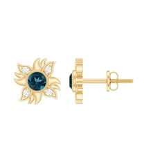 Rosec Jewels London Blue Topaz Sunburst Stud Earrings for Mom with Diamond (AAA Grade), 14K Yellow Gold
