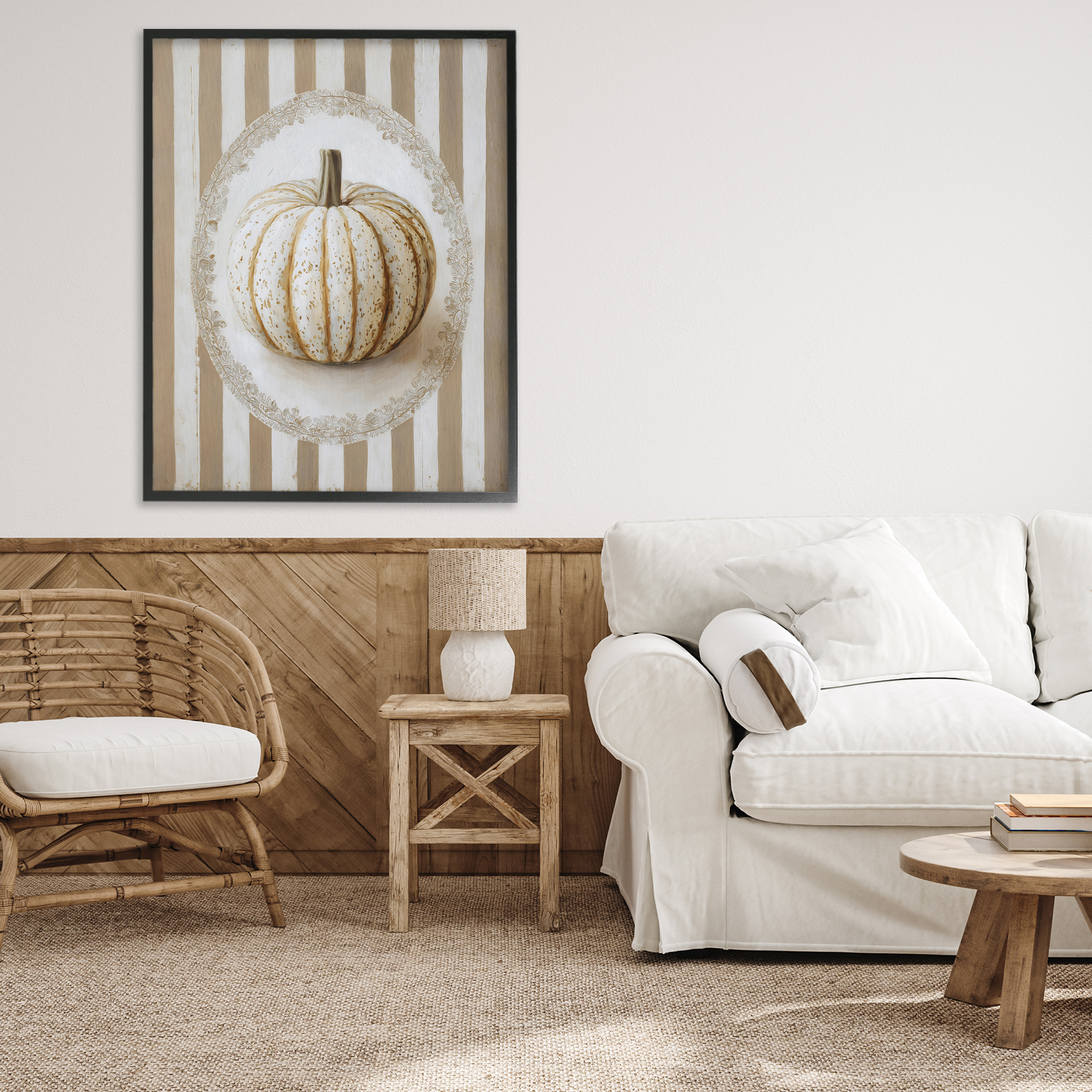 Beige Stripes Pumpkin Black Framed Giclee Art, design by Arlington Prints