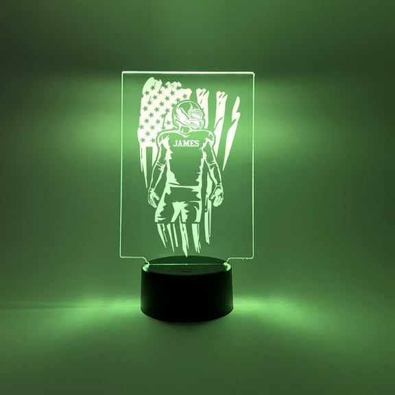 Custom Personalized Free Engraved LED 16 Colors Wood Stand Night Light Up Lamp Boys Table Desk Sports USA Flag Football Player Design Room Décor Gift