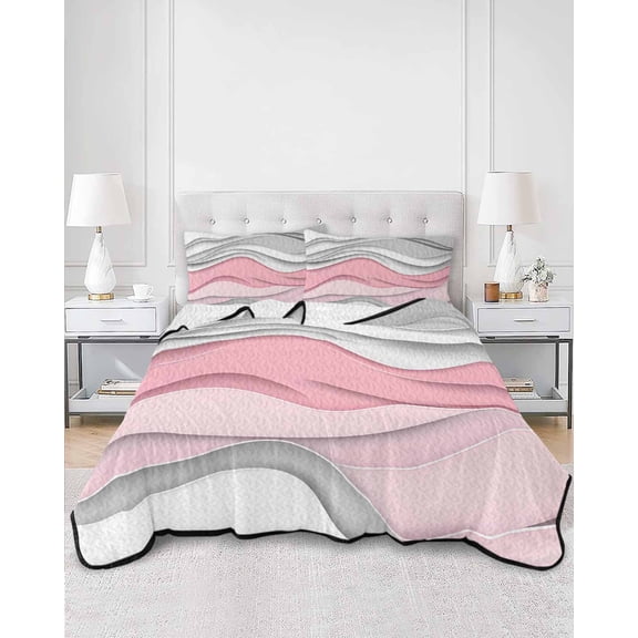 Quilts Queen Size, Pink Gray Ombre Soft Comforter Bedding Set for Bed, Modern Abstract Moire Art Geometric Lightweight Quilted Bedspread with Pillow Cover(2 Pieces) for All Season, 90x96 Inch