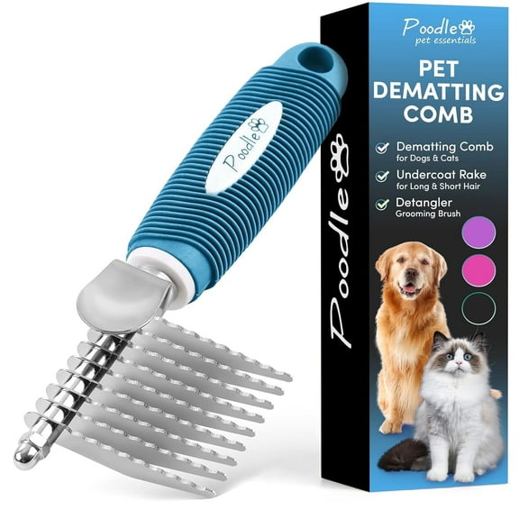 Poodle Pet Dematting Fur Rake Comb Brush Tool - Dog and Cat Comb with Long 2.5 Inches Steel Safety Blades for Detangling Matted or Knotted Undercoat Hair (Blue)