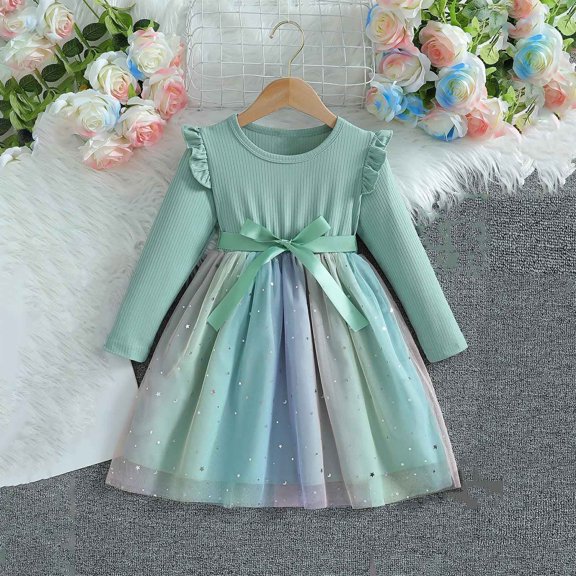 BLTIBY Girls Tulle Dress Princess Dress Long Sleeve Ruffle A Line Sequin Dress Birthday Wedding Outfit with Belt Green 5-6 Years