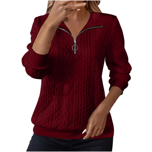 aohooy Textured Zipper Sweatshirts for Women Collared Quarter Zip Pullover Plain Long Sleeve Cable Knit Quilted Sweaters Shirts Red,M