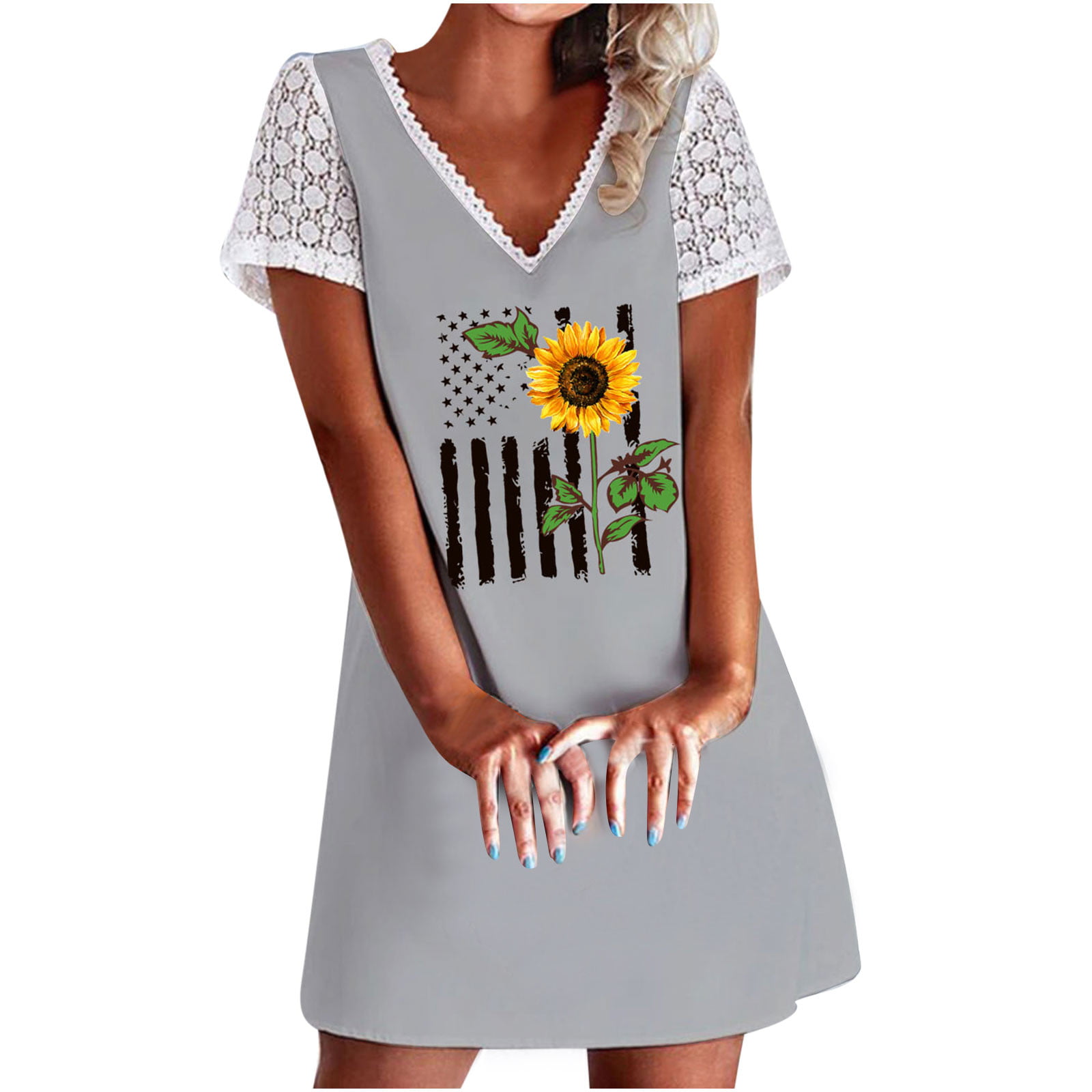 Xihbxyly Sundresses for Women Independence Day for Women 4th of July Dress Print V-Neck Short Sleeve Midi Dresses Floral Short Wedding Dresses Knee Length Party Dress #2 - Walmart.com