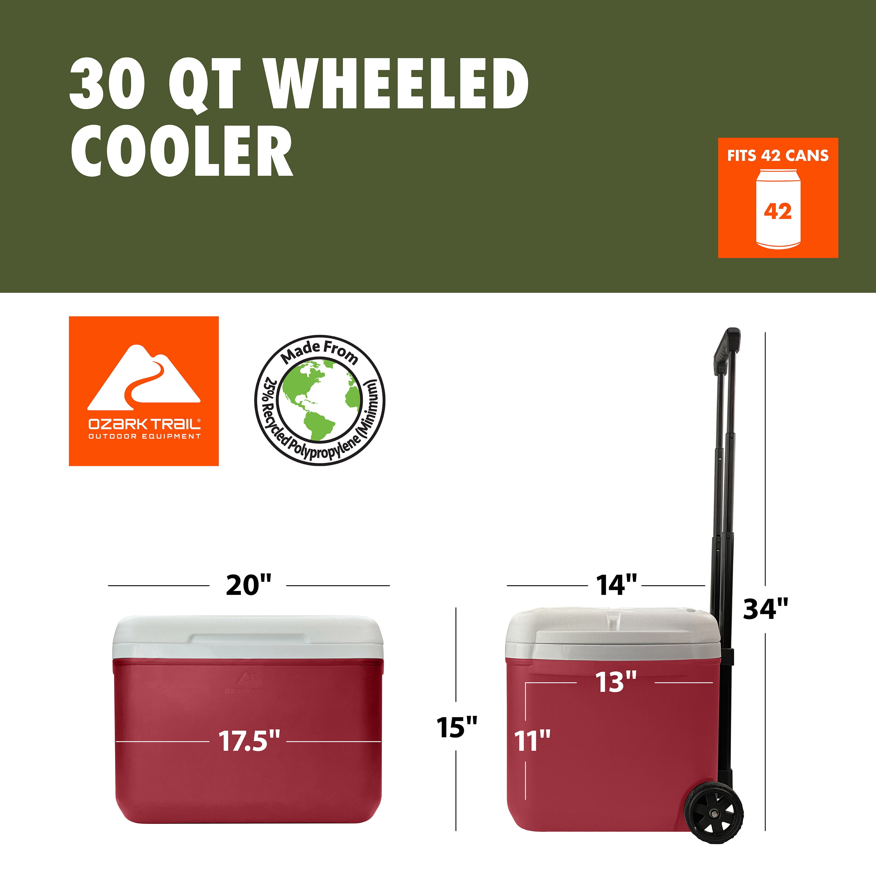 Ozark Trail 30 Quart Capacity Hard Side Wheeled Cooler, 42-Can,, Dark Red