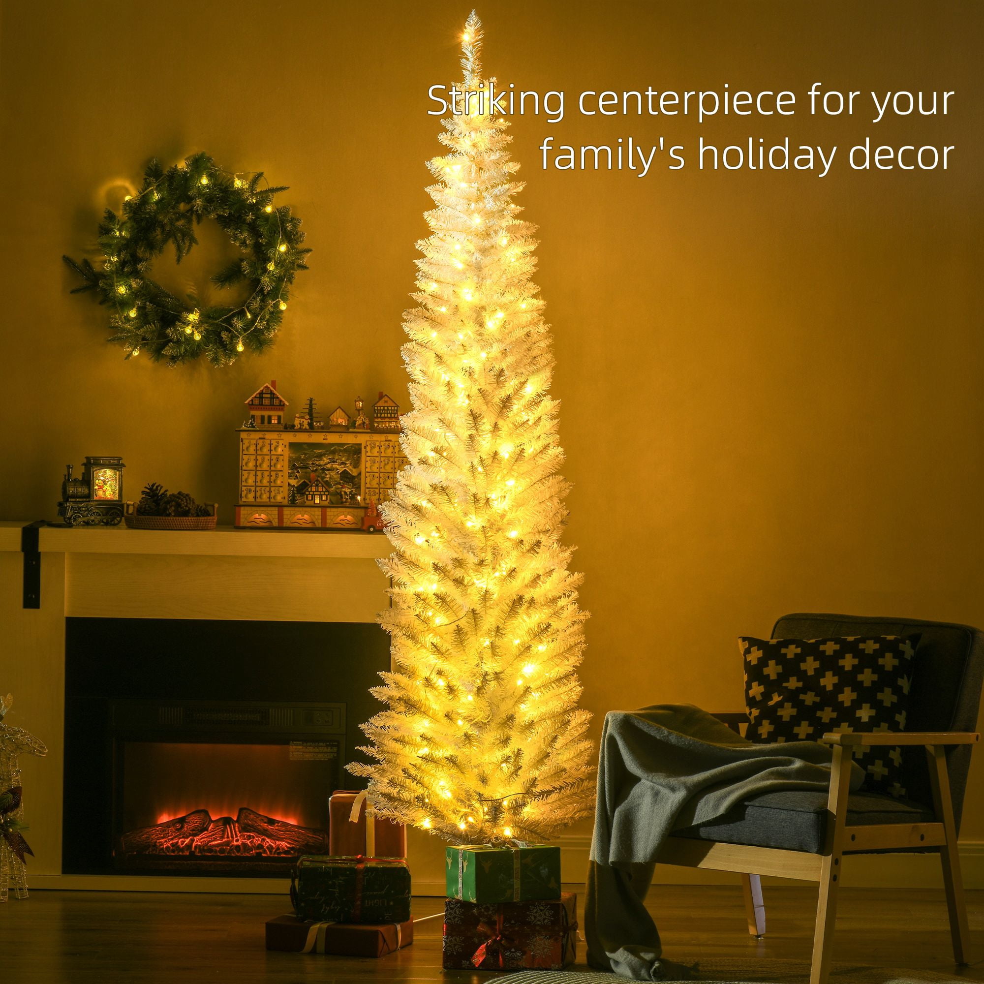 7 ft Pencil Christmas Tree, Slim Artificial Tree with 499 Tips, 200 Warm White LED Lights, Flame Retardant Branches, Indoor Holiday Decor
