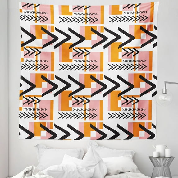 Geometric Tapestry, Hand Drawn and Grunge Looking Arrows Rectangles and Squares, Fabric Wall Hanging Decor for Bedroom Living Room Dorm, 5 Sizes, Orange Pale Pink Black, by Ambesonne