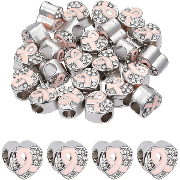 24 Pcs Breast Cancer Awareness Beads Pink Ribbon Beads with Rhinestones Large Hole European Beads for Bracelet Necklace DIY Jewelry Making Hole: 4mm