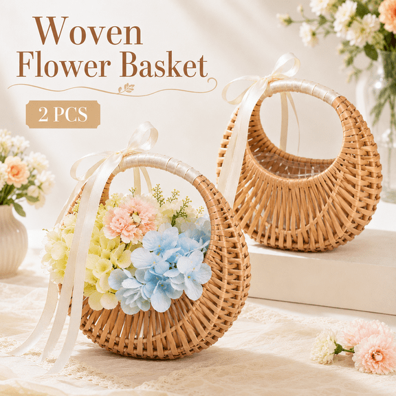 MORAVE 2 PCS Brown Small Half Moon Wicker Rattan Flower Baskets, Willow Woven Straw Basket with Handle and Ribbons, Wedding Flower Girl Storage for Wedding Party Decor