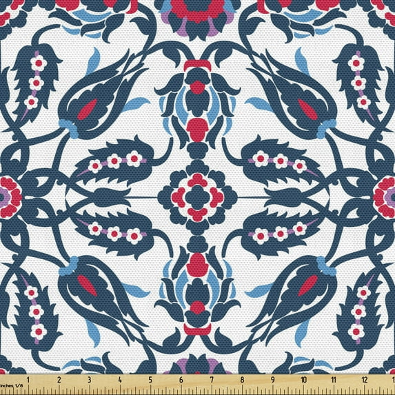 Orient Upholstery Fabric by the Yard, Vintage Composition with Blooming Flowers Oriental Ornamental Colorful Design, Decorative Fabric for DIY and Home Accents, 5 Yards, Multicolor by Ambesonne