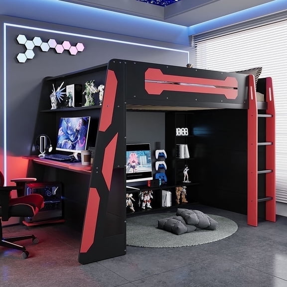 Mirightone Gaming Loft Bed with Desk and RGB Light, Full Size Wood Loft Bed Frame with Storage Shelve for Boys Girls Teens. (Red)