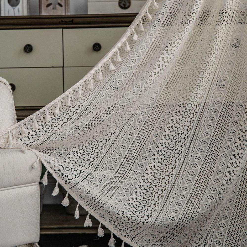 Farmhouse Crochet Curtains for Living Room,Vintage Rod Pocket Bohemian Curtains Geometry Striped Knitted Lace Light Filtering Curtains 110.24 inches Long for Bedroom Bay Kids,Beige