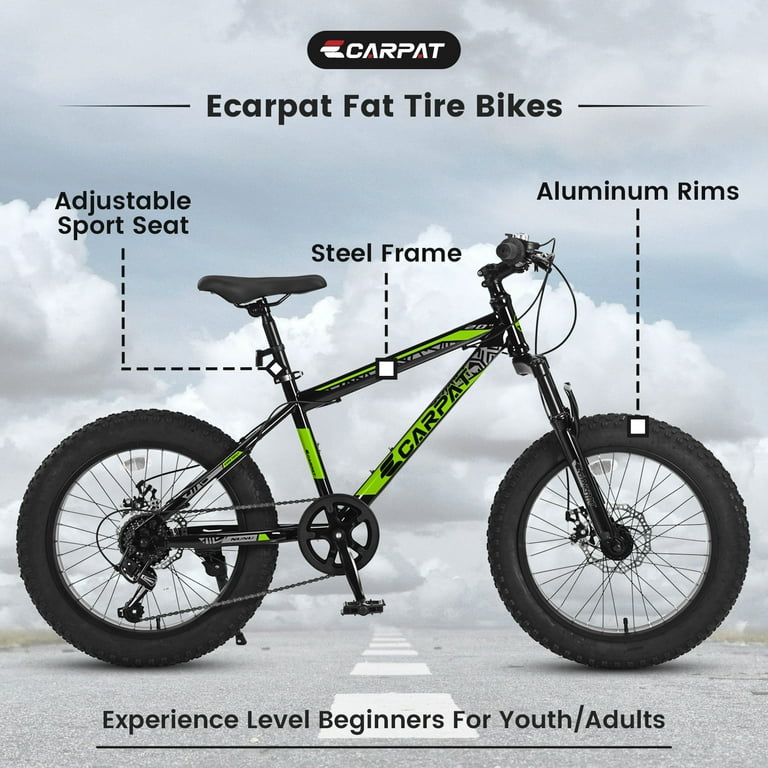 Ecarpat 20 Inch Fat Tire Kids Mountain Bike Shimano 7 Speed Bike Nunu T100 Youth Boys Girls Front Suspension Fat Tire Bicycle Dual Disc Brake 14