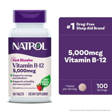 Natrol Vitamin B12 5,000 mcg, Fast Dissolve Vitamin B12 Supplement Supports a Healthy Nervous System and Energy Metabolism, 100 Tablets, Up to a 100 Day Supply