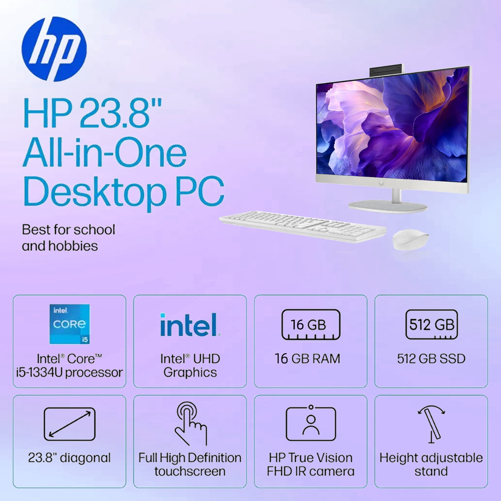 HP 24" All-in-One Touch Screen Desktop Computer, FHD IPS Anti-Glare Display, Intel Core i5-1334U (13th Gen), 16GB RAM, 512GB SSD, Windows 11 Pro, Wi-Fi 6, Wireless Keyboard & Mouse, White