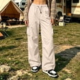 thumbnail image 2 of Huowey Baggy Cargo Pants For Women Wide Leg Hiking Pants With Pockets Drawstring Casual Daily Trendy Outdoor Athletic Trousers,Beige,L, 2 of 6