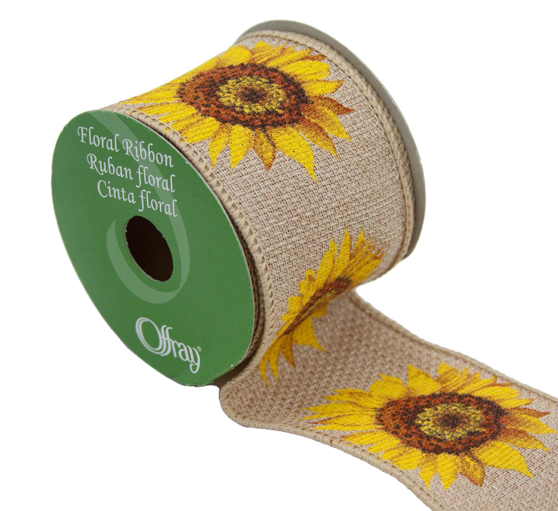 Offray Ribbon, Yellow 2 1/2 inch Wired Sunflower Burlap