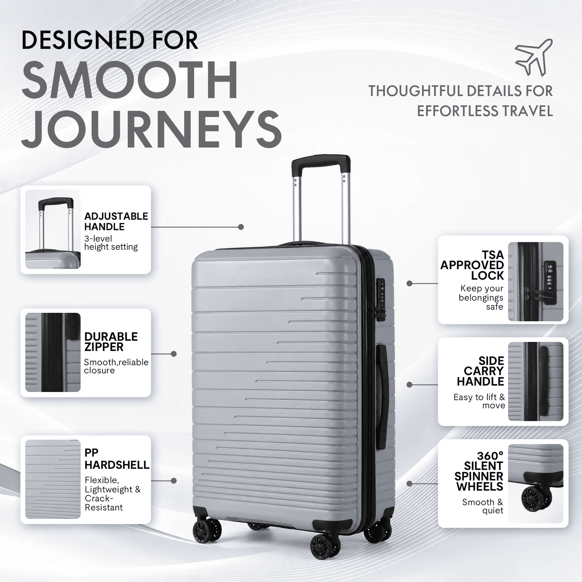 3-Piece PP Hardshell Luggage Set, Lightweight Scratch-Resistant Suitcases with TSA Lock, 4 Silent Spinner Wheels, 20"/24"/28", Dark Grey