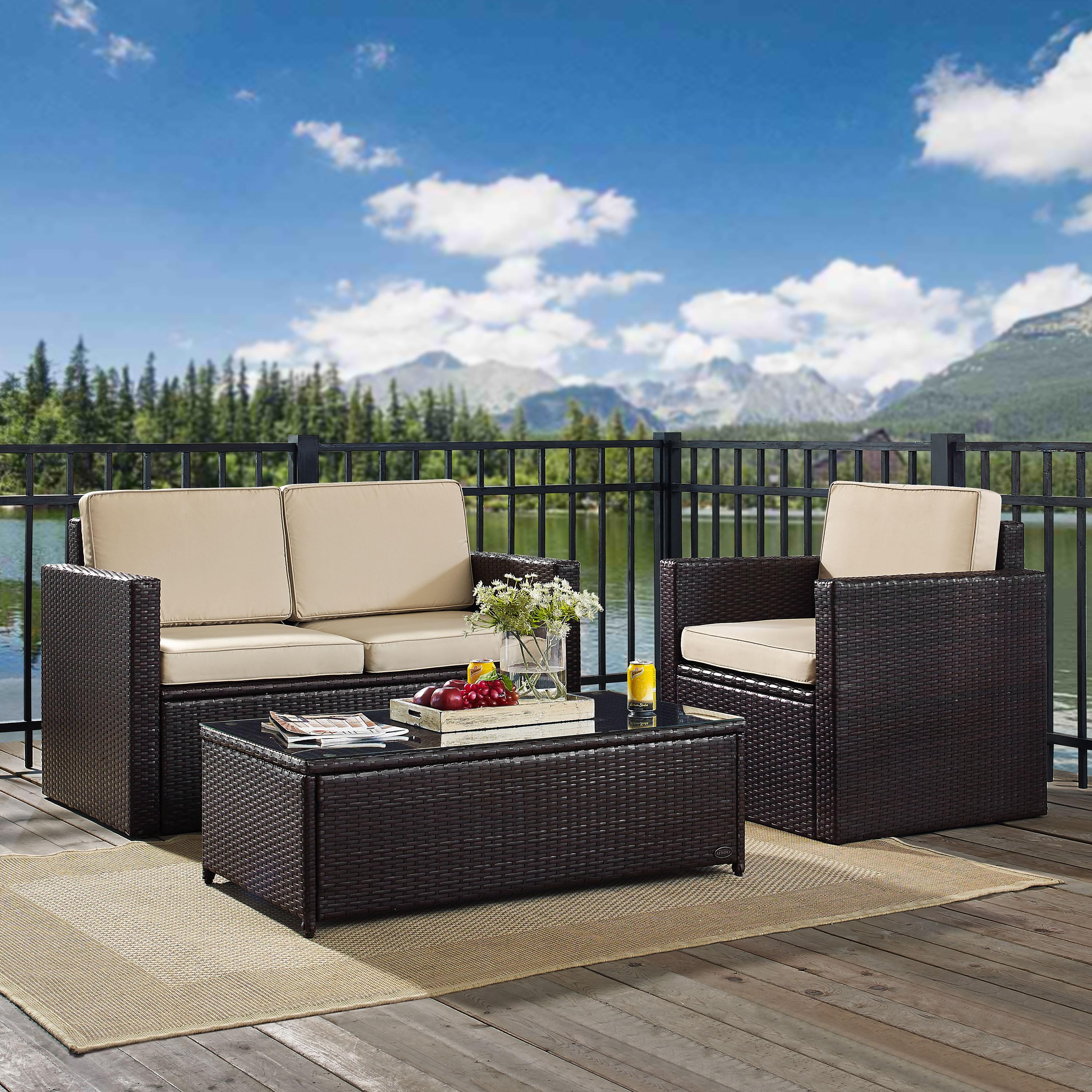 Crosley Palm Harbor 3 Piece Wicker Patio Sofa Set in Brown and Sand - image 2 of 4