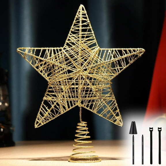 Christmas Tree Topper, 9 Inch Star Tree Topper with Holder, Gold Xmas Glitter Hollow Star Treetop Toppers Christmas Tree Decorations Ornaments for Holiday Ornament or Home Decor