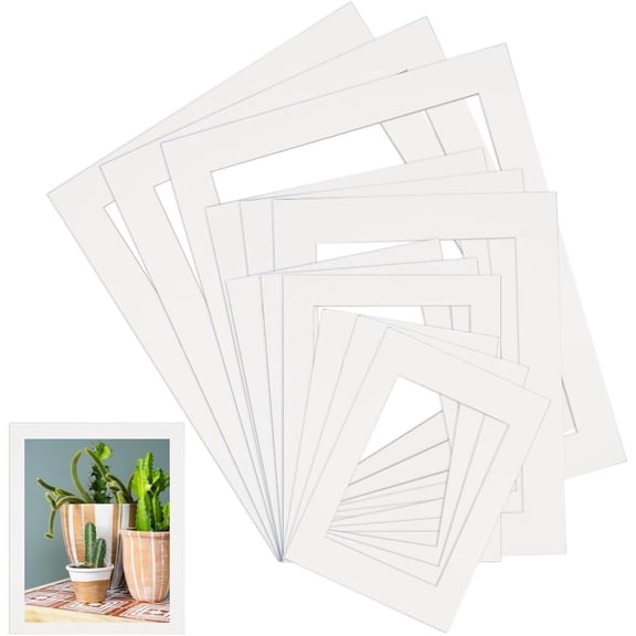 12Pcs Pre Cut Photo Matting Picture Mat Board Kit 5 x 7in/6 x 8in/8 x 10in/10 x 12in White Hollow Rectangle Paper Blank Display Album Pack Accessories for Photos Pictures Wall Artwork Decor DIY