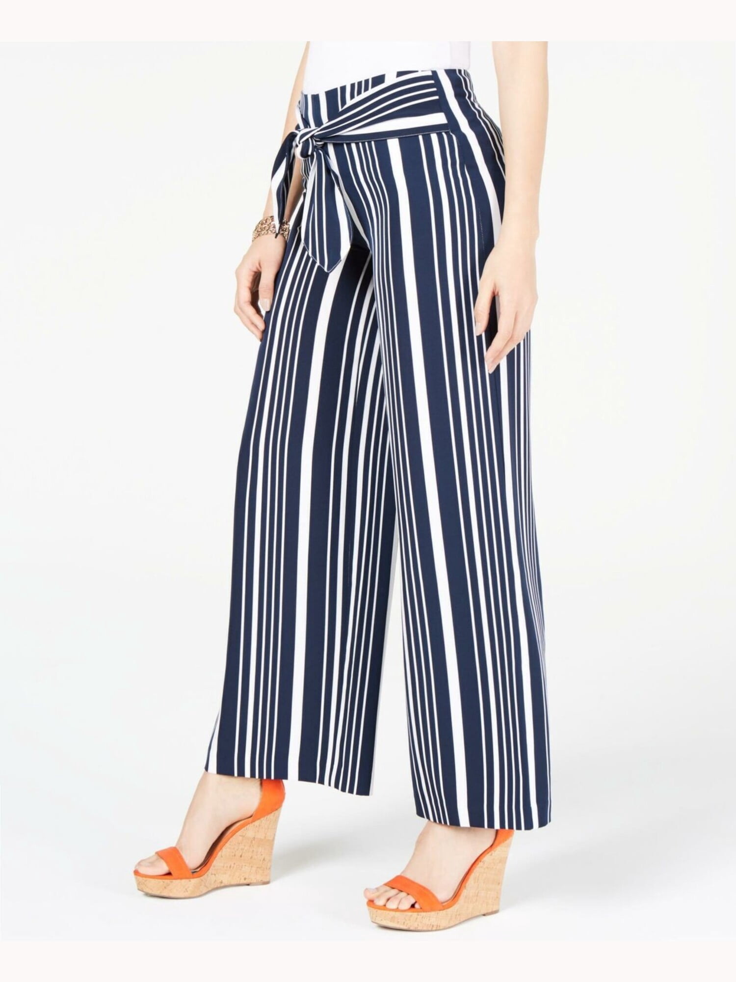 Womens Navy Front Tie Striped Wide Leg Pants 10 - image 3