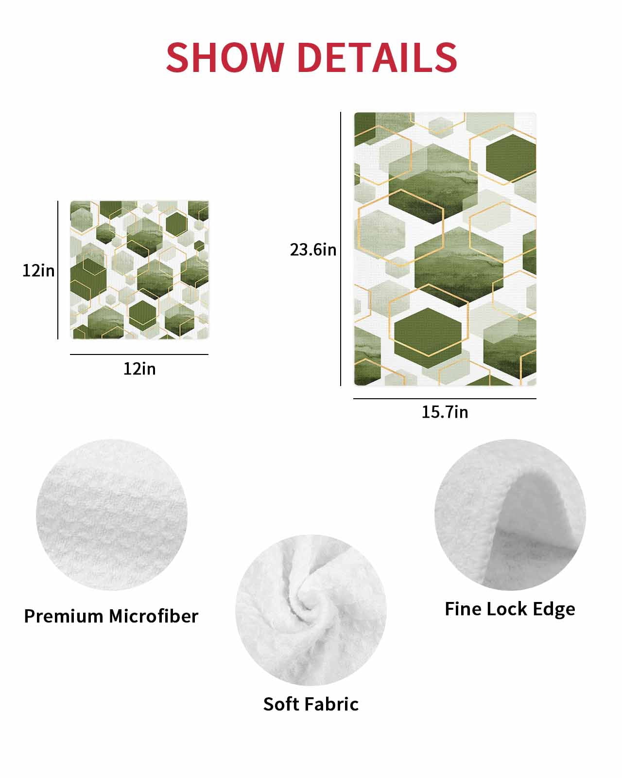 Sage Green Marble Kitchen Dish Towels for Drying Dishes Set of 2, Gold White Geometric Hexagon Modern Waffle Weave Microfiber Hand Tea Bathroom Towels Quick Dry & Absorbent Towel 15.7x23.6