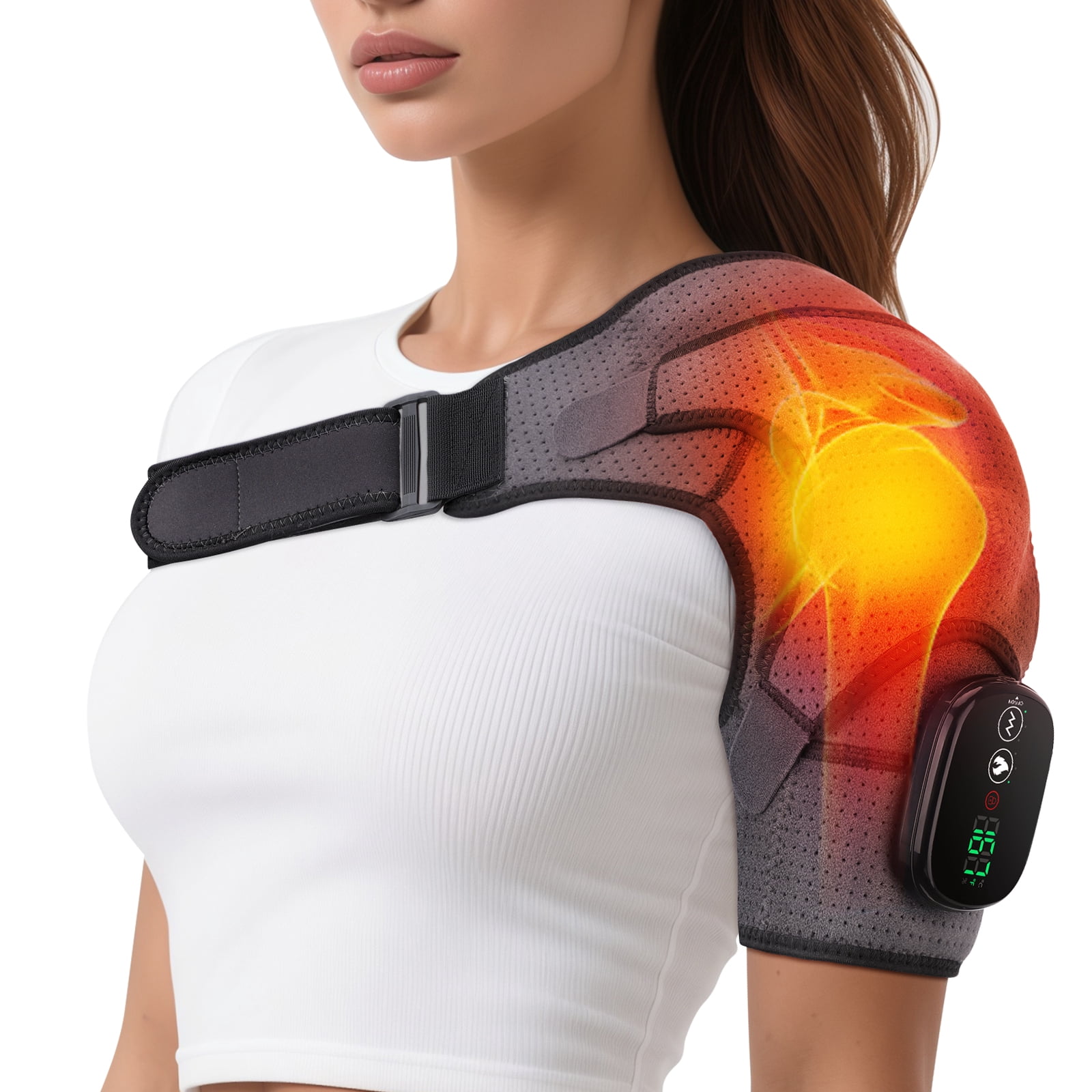 Heated Shoulder Wrap Brace Support with Vibration Heating Electric Massage Pad 3 Modes