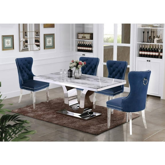 Rectangular White Marble 5 Piece Dining Set with Silver Stainless Steel Base