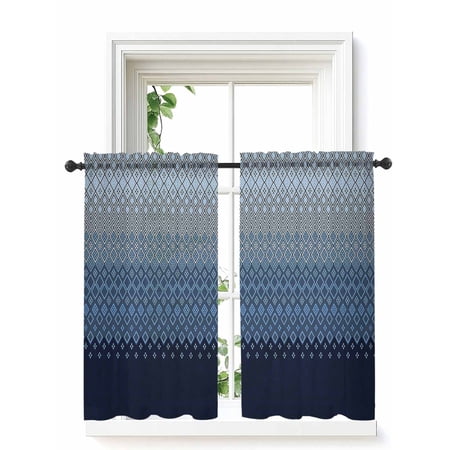 Blue Grey Ombre Geometric Curtains 45 Inch Length Sheer Curtains for Bedroom Living Room Window Modern Abstract Art Rod Pocket Voile Drapes Kitchen Curtains Small Half Window 42 x45 2 Panels