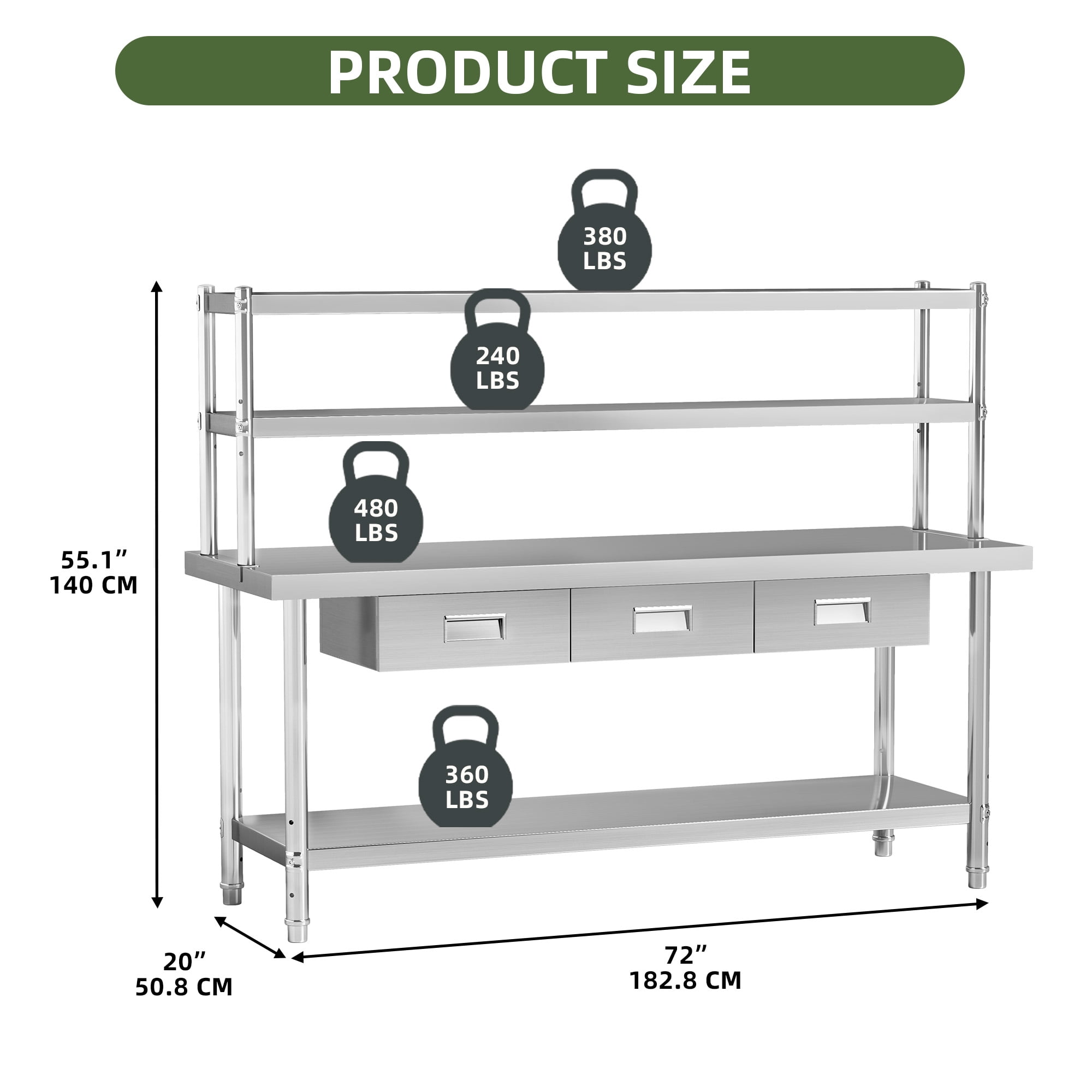 Uforic 72" X 24" Stainless Steel Work Table with Overshelves & Drawers Table for Home Kitchen Restaurant Garage Warehouse Outdoor