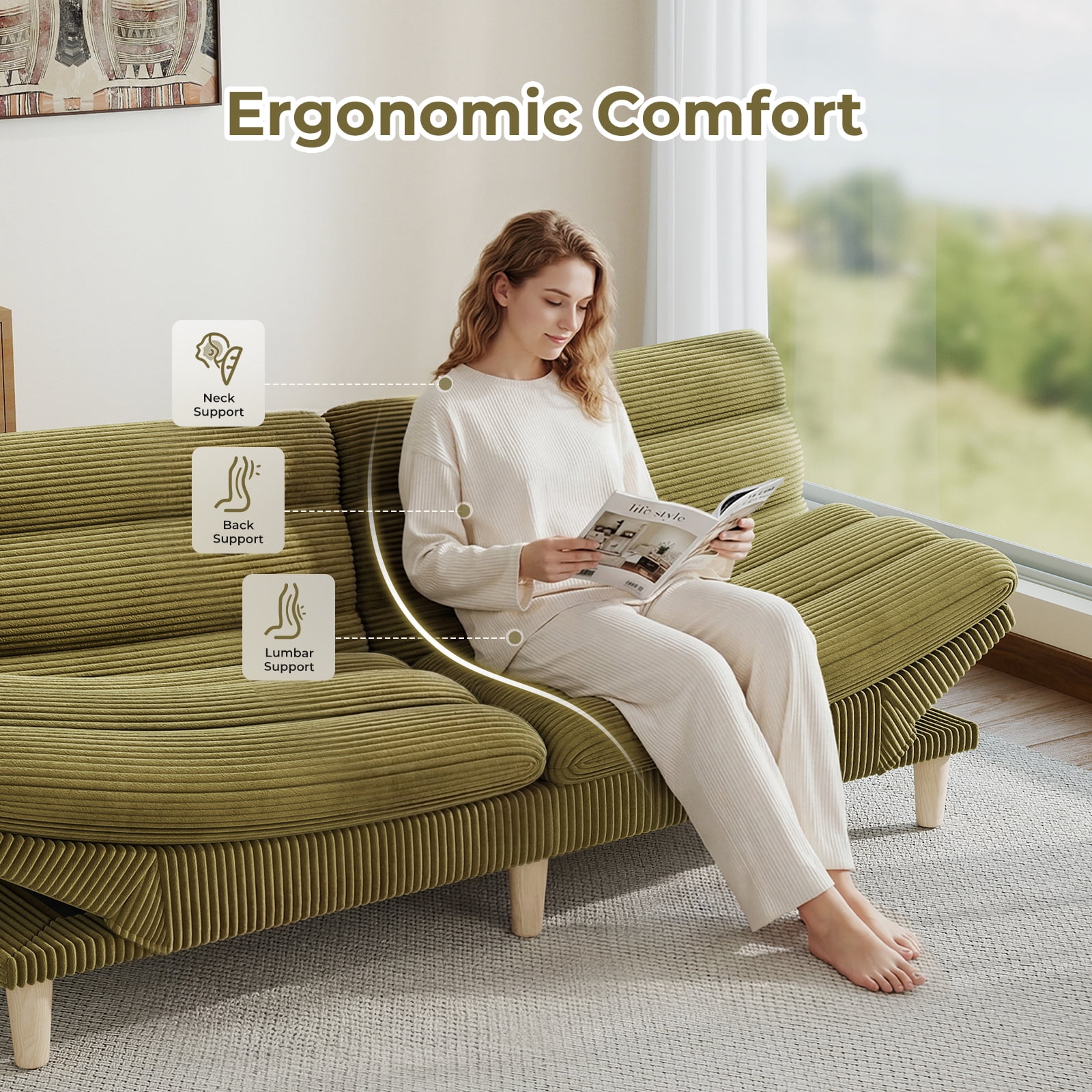 Ebello Convertible Futon Sofa Bed, Fabric with 3-Position Reclining Backrest and Adjustable Armrests for Living Room Apartment Office, Green