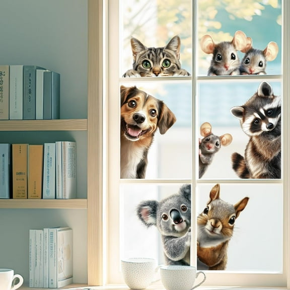 Static Window Clings Squirrel Dog and Cat 1 Sheet Reusable Window Decals for Glass 47.24" x 11.8" Removable Double Sided Window Sticker for Room Office Home Decoration