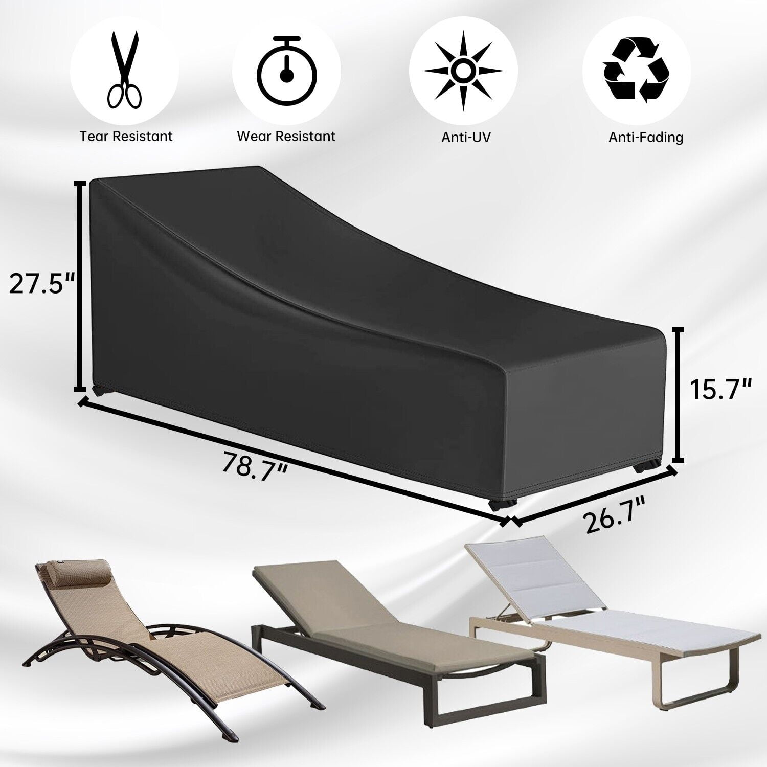 Chaise Lounge Chair Cover Waterproof Patio Lounge Chair Cover UV Resistant Lounger Covers Dust-Proof Patio Furniture Covers 78.7L x 26.7W x 27.5H inch