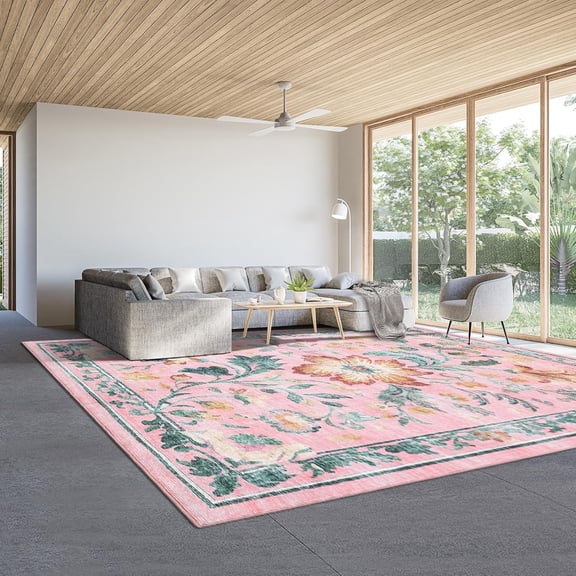 9x12 Washable Floral Rug with Non-Slip Backing for Living Room Bedroom, Pink