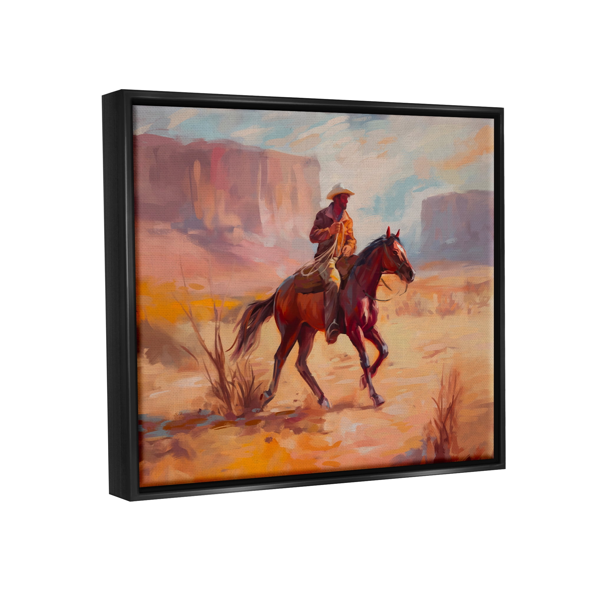 Stupell Industries Cowboy Riding Desert Landscape Animals & Insects Painting Black Floater Framed Art Print Wall Art