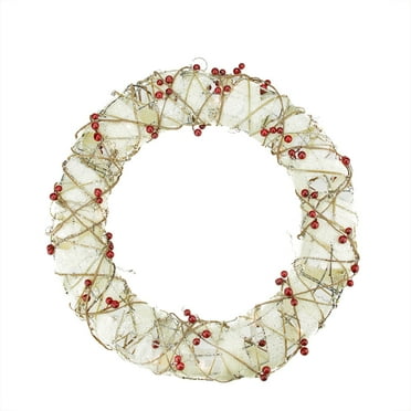 Northlight 18" Prelit Burlap and Berry Rattan Artificial Christmas Wreath - Clear Lights