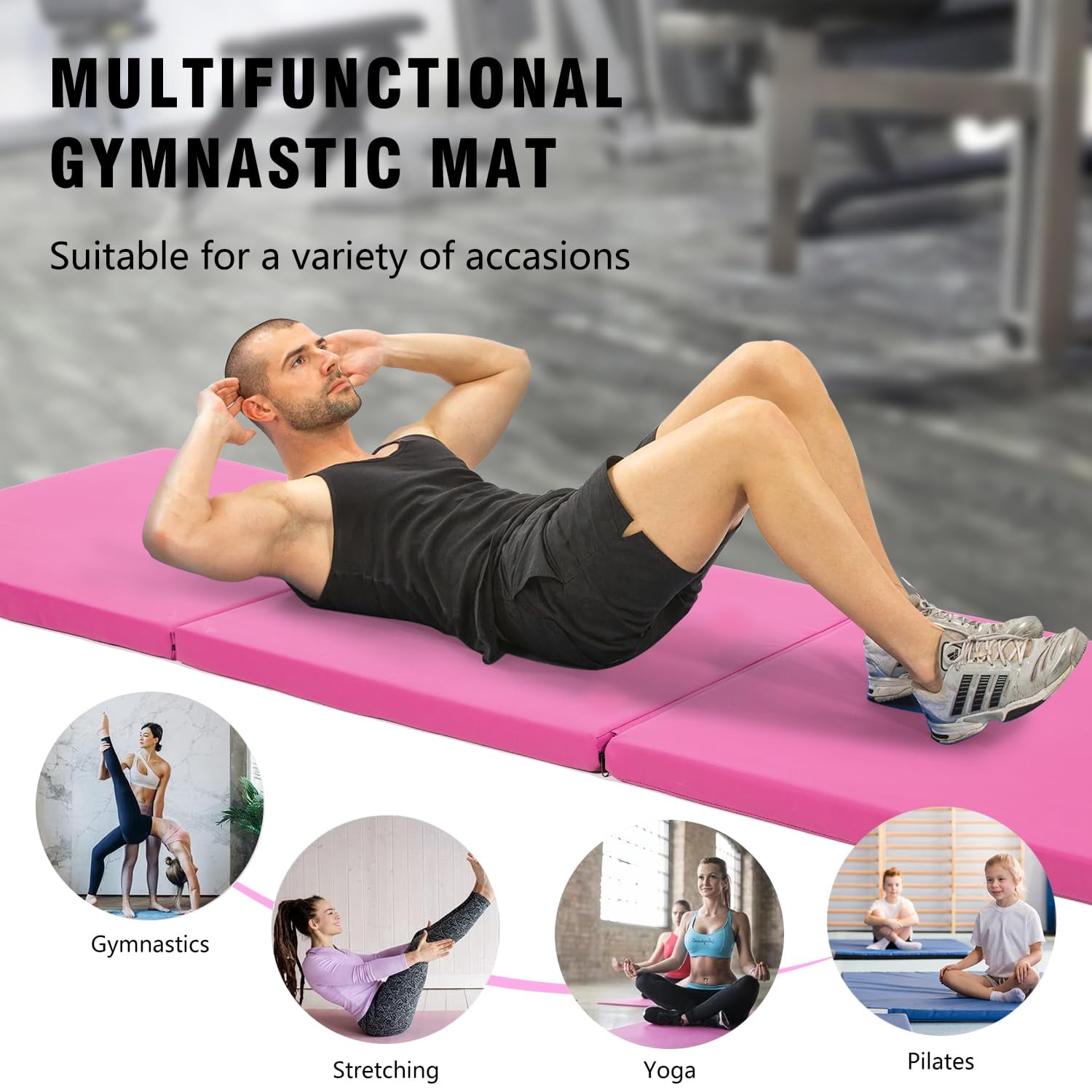 NiamVelo 6'x2'x1.5" Gymnastics Mat Folding Tumbling Mats 3-Fold Gymnastics Equipment PU Leather Exercise Mat Yoga Mat with Carrying Handles for Home Workout Outdoor,Pink