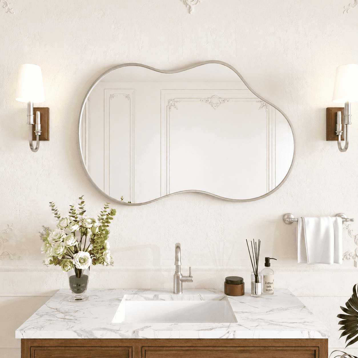 Swafrrt 24×36 inch Silver Irregular Wall Mirror, Asymmetrical Mirror, Abstract Wavy Aluminum Alloy Frame Mirror for Bathroom, Bedroom, Living Room, Entryway