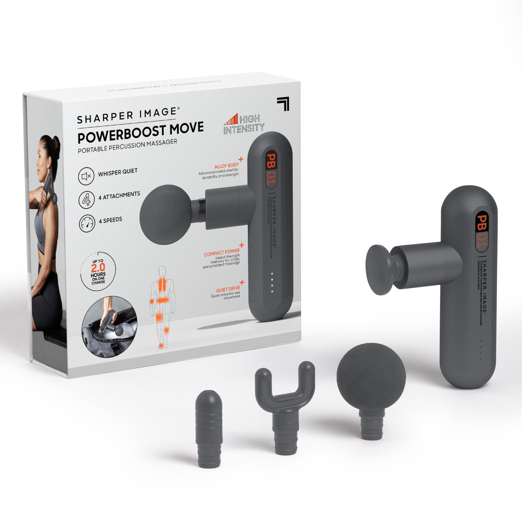 Sharper Image® Powerboost Move® Deep Tissue Portable Percussion Massage Gun, 4 Attachments, Rechargeable